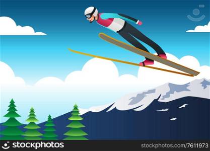 A vector illustration of Ski Jumping Athlete in Competition