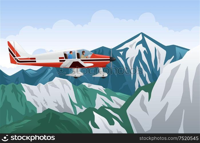 A vector illustration of small airplane flying across the mountains