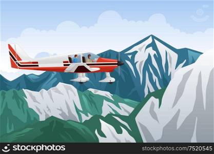 A vector illustration of small airplane flying across the mountains