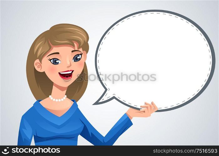 A vector illustration of smiling woman with blank text bubble