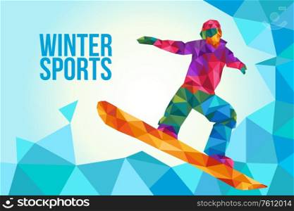 A vector illustration of Snowboarding Poster in Low Polygon Style