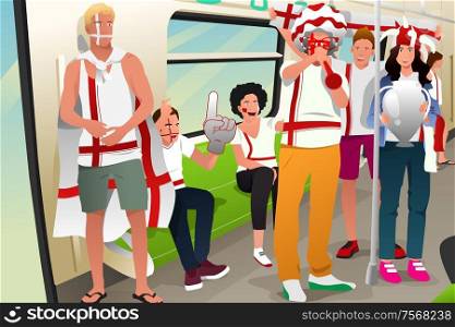 A vector illustration of soccer fans traveling by train