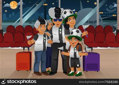 A vector illustration of soccer fans traveling in the airport