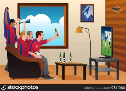 A vector illustration of soccer fans watching the game on TV