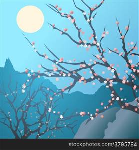 A vector illustration of spring hollow with cherry trees