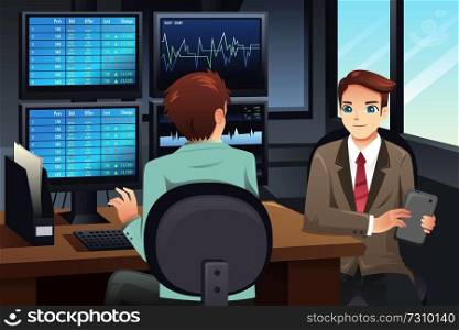 A vector illustration of stock trader looking at the stock market monitors