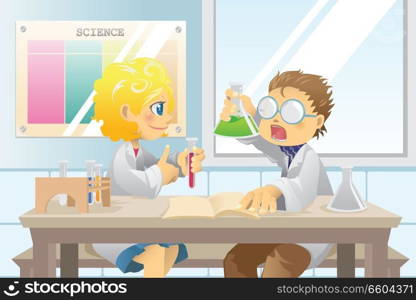 A vector illustration of students in a science class working on a science project