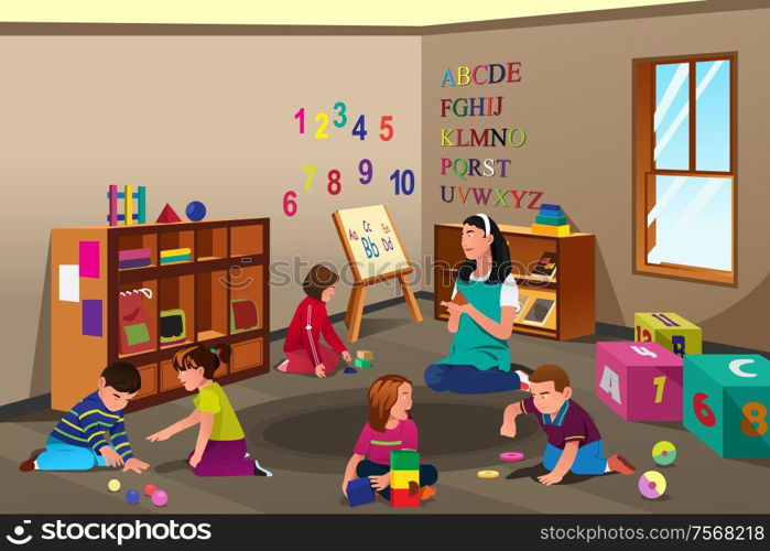 A vector illustration of students studying in class with teacher