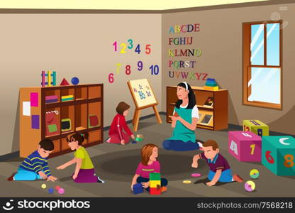 A vector illustration of students studying in class with teacher