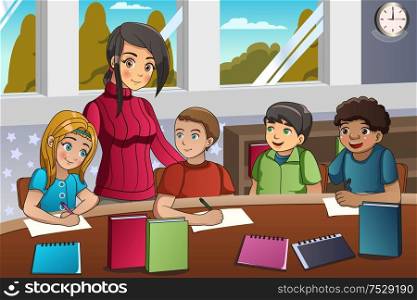 A vector illustration of students studying in classroom with teacher