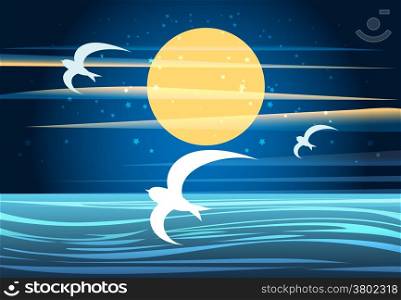A vector illustration of summer night seascape with full moon and flying seagulls