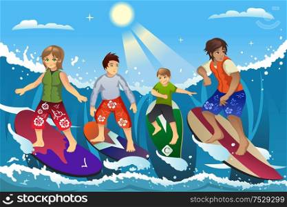 A vector illustration of surfers surfing on the ocean