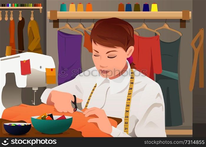 A vector illustration of tailor working with sewing machine