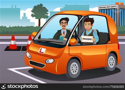 A vector illustration of teenager driver passes driving test and holding his driver&rsquo;s license