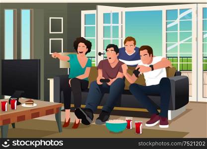 A vector illustration of teenagers playing video game with friends watching