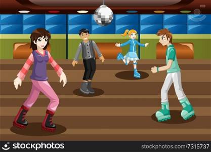 A vector illustration of teenagers roller skating in an indoor arena