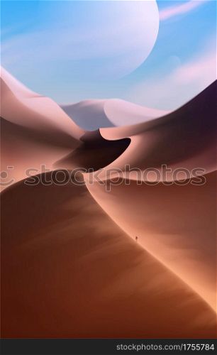 A vector illustration of the science fiction scene of one human is walking in the desert on another planet somewhere else in the universe.