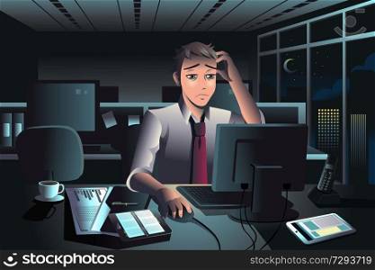 A vector illustration of tired businessman working late at night in the office
