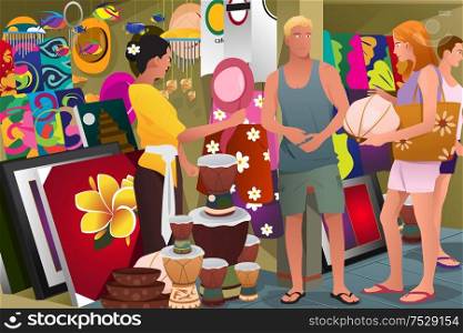 A vector illustration of tourist buying local souvenir