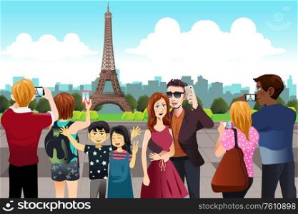 A vector illustration of Tourists Taking Picture Near Eiffel Tower