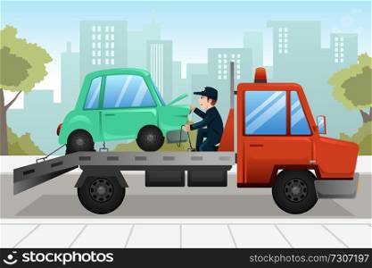 A vector illustration of tow truck towing a broken down car