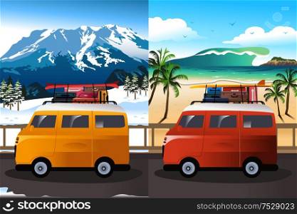 A vector illustration of travel in van for two season