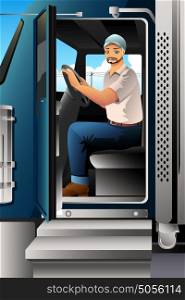 A vector illustration of Truck Driver Inside of His Truck