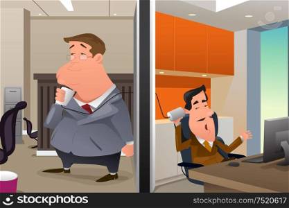 A vector illustration of two businessmen talking using a string can phone