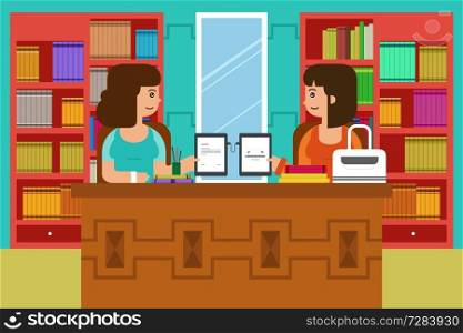 A vector illustration of two college student transferring data with tablet PC