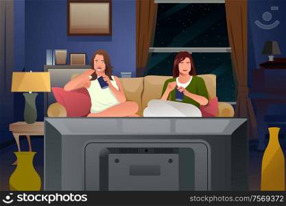 A vector illustration of Two Female Friends Watching TV and Eating Ice Cream