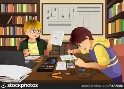 A vector illustration of two kids working on an electronic project