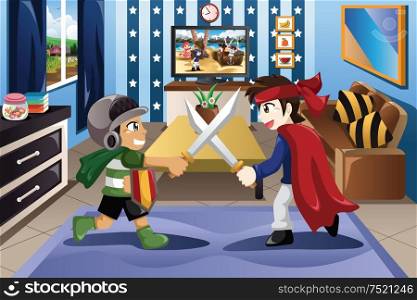 A vector illustration of Two little boys playing with swords