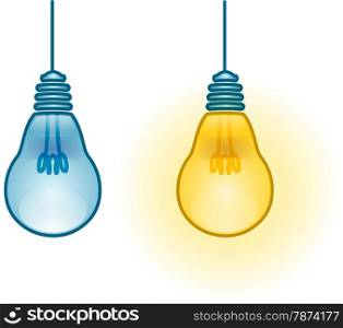 A vector illustration of two turned on and off light-bulbs.