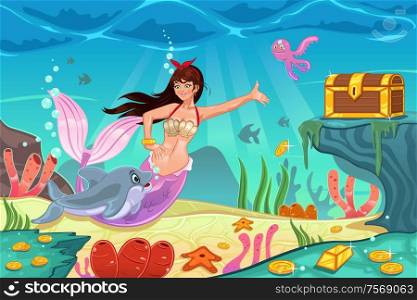 A vector illustration of underwater scene with mermaid and treasure box