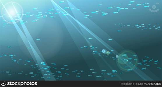 A vector illustration of underwater seascape with school of fishes and sunbeams