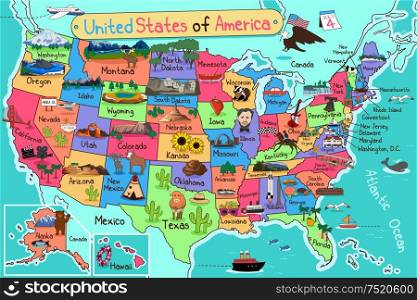 A vector illustration of USA map in cartoon style