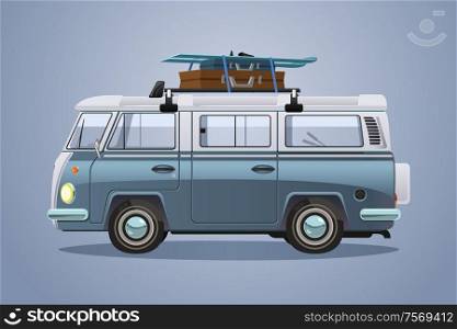 A vector illustration of Van With Skis and Luggages on Top Going To Winter Vacation