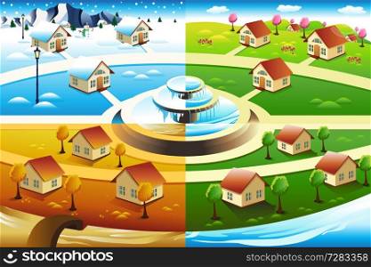 A vector illustration of village in four season