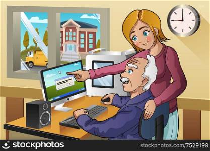 A vector illustration of volunteer girl teaching senior how to use a computer