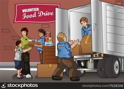A vector illustration of volunteers packing up donation boxes