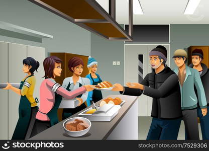 A vector illustration of volunteers serving food to homeless people