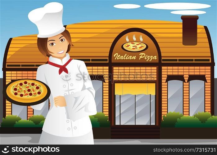 A vector illustration of waitress holding pizza standing in front of the restaurant