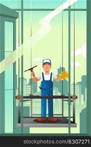 A vector illustration of windows cleaner of high rise buildings