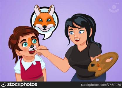 A vector illustration of woman painting a kids face