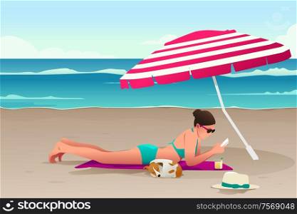 A vector illustration of woman sunbathing on the beach