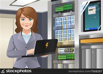 A vector illustration of woman working in computer server room