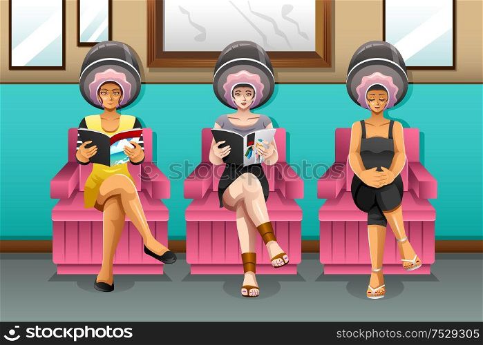 A vector illustration of women in hair salon