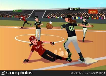 A vector illustration of women playing softball