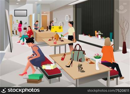 A vector illustration of women shopping for shoes in a shoes store