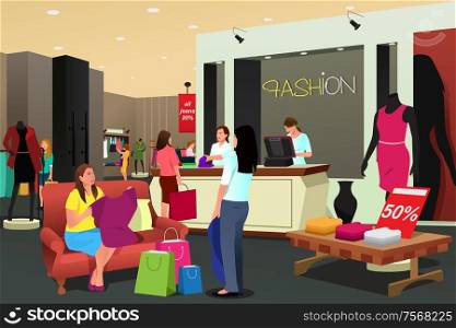 A vector illustration of women shopping in a clothing store